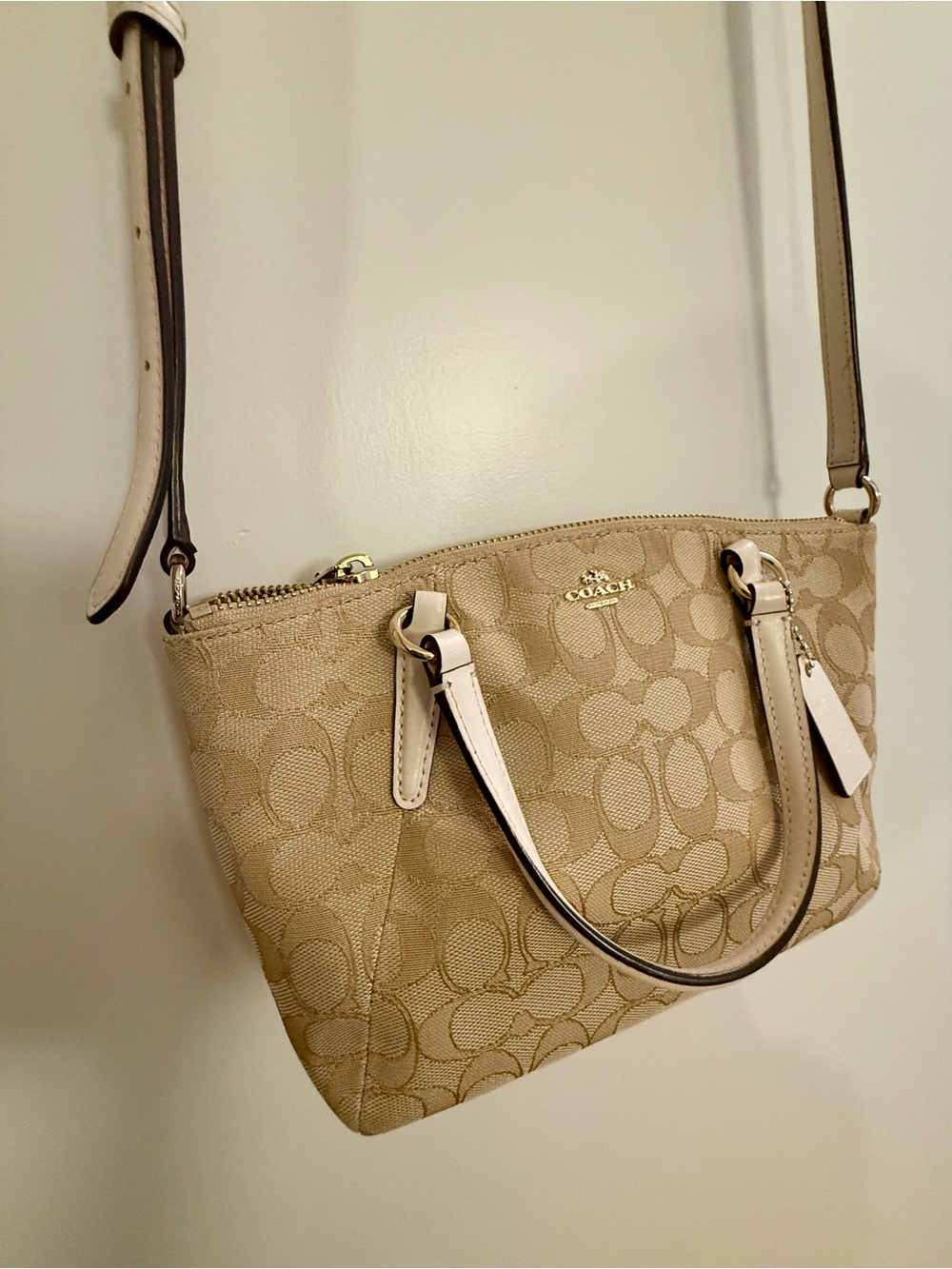 Coach Beige Signature Canvas Satchel with Leather Trim